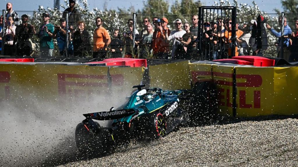 Aston Martin's Lance Stroll crashes into the barrier during Dutch Grand Prix qualifying