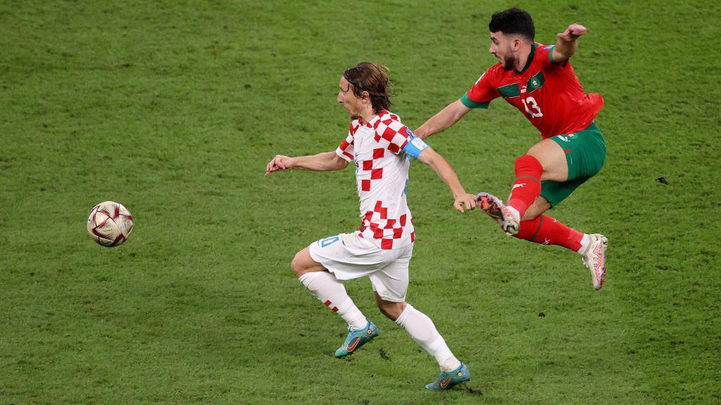 Ilias Chair playing for Morocco against Croatia in the 2022 World Cup
