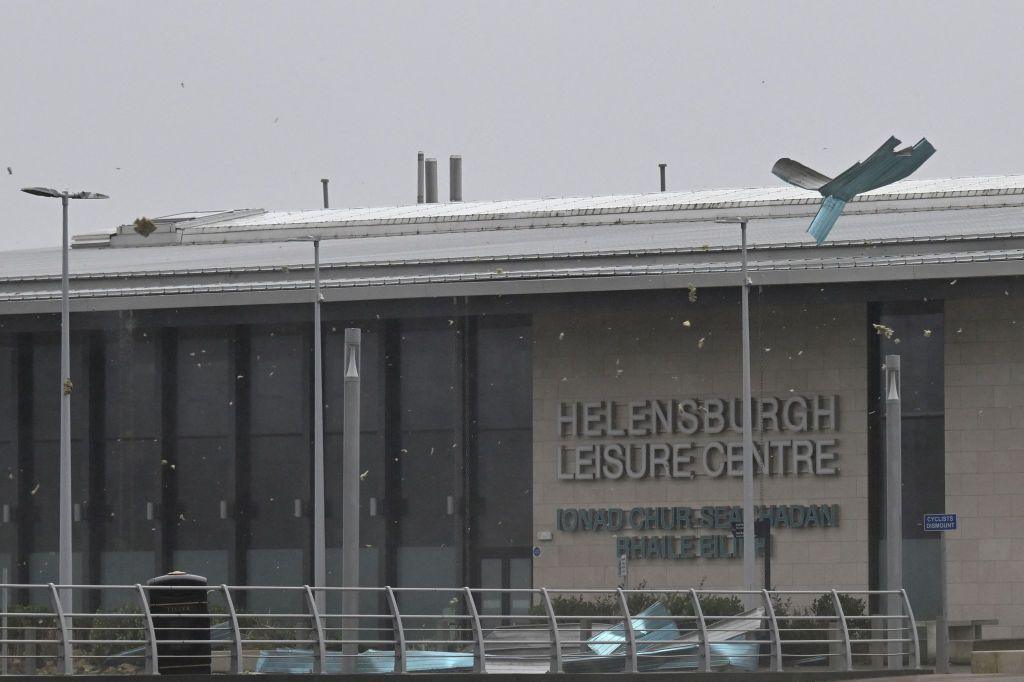 Image shows roof of a leisure centre in Helensburgh, Argyll and Bute, in Scotland having been badly damaged. 