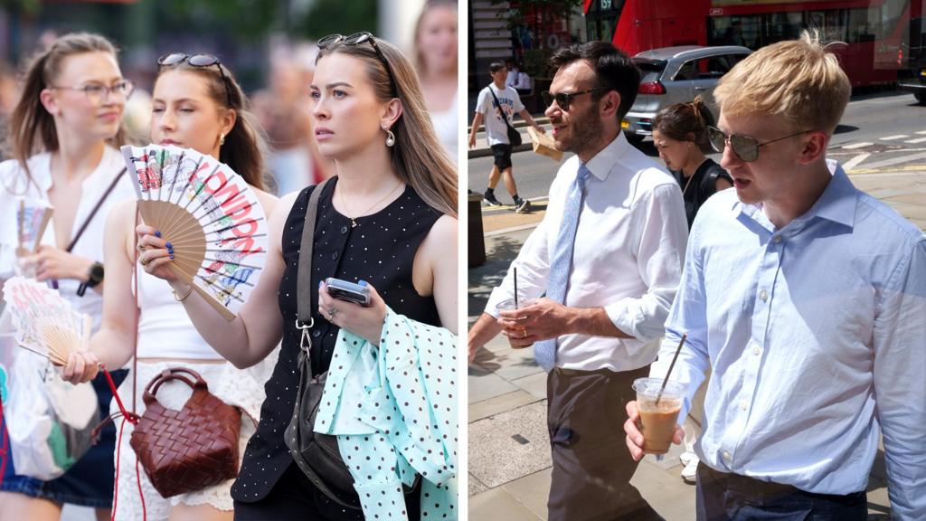 Groups of people fan themselves and drink iced coffee during hot weather in the UK.
