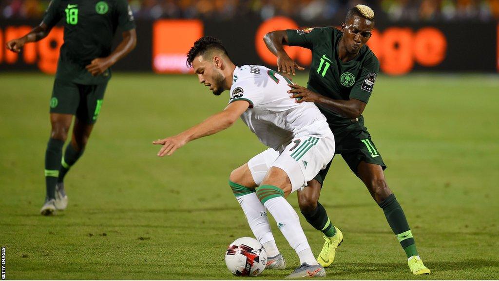 Nigeria's Henry Onyekuru battles with Algeria' Ramy Bensebaini at the 2019 Africa Cup of Nations