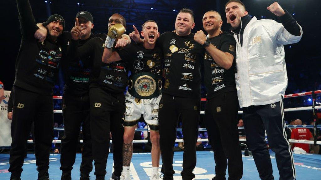 Liam Davies celebrates in Birmingham after his 16th fight undefeated as a professional boxer