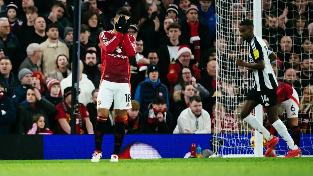 Casemiro of Manchester United with his face in his hands reacting during the Premier League match between Manchester United FC and Newcastle United FC at Old Trafford on December 30, 202