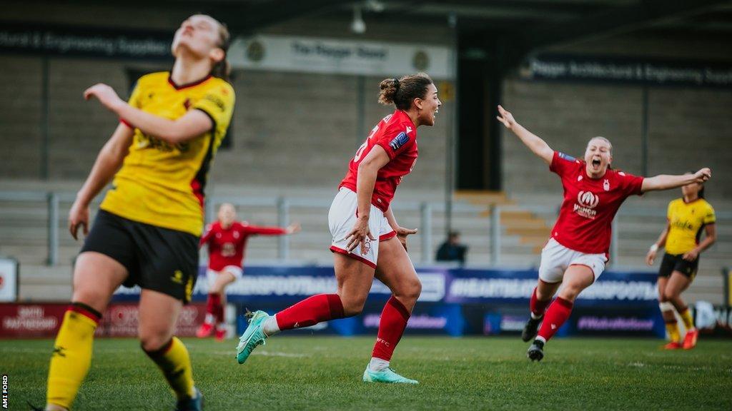 Gianna Mitchell celebrates scoring Nottingham Forest's extra-time winner against Watford