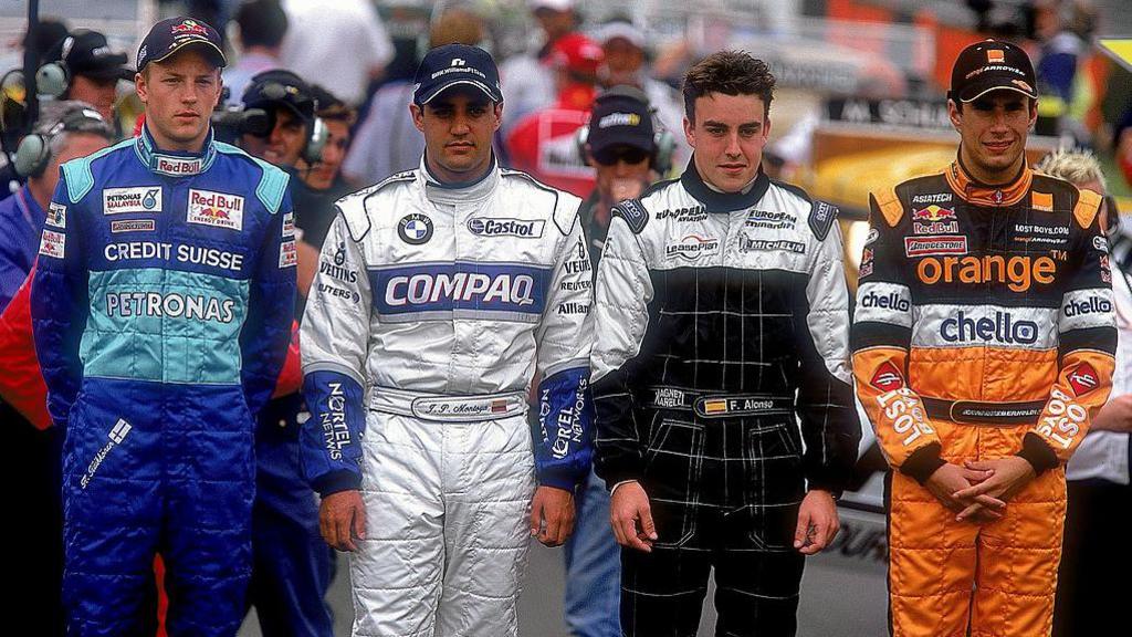 Kimi Raikkonen of Sauber, Juan Pablo Montoya of Williams, Fernando Alonso of Minardi and Enrique Bernoldi of Arrows - the 2001 season rookies