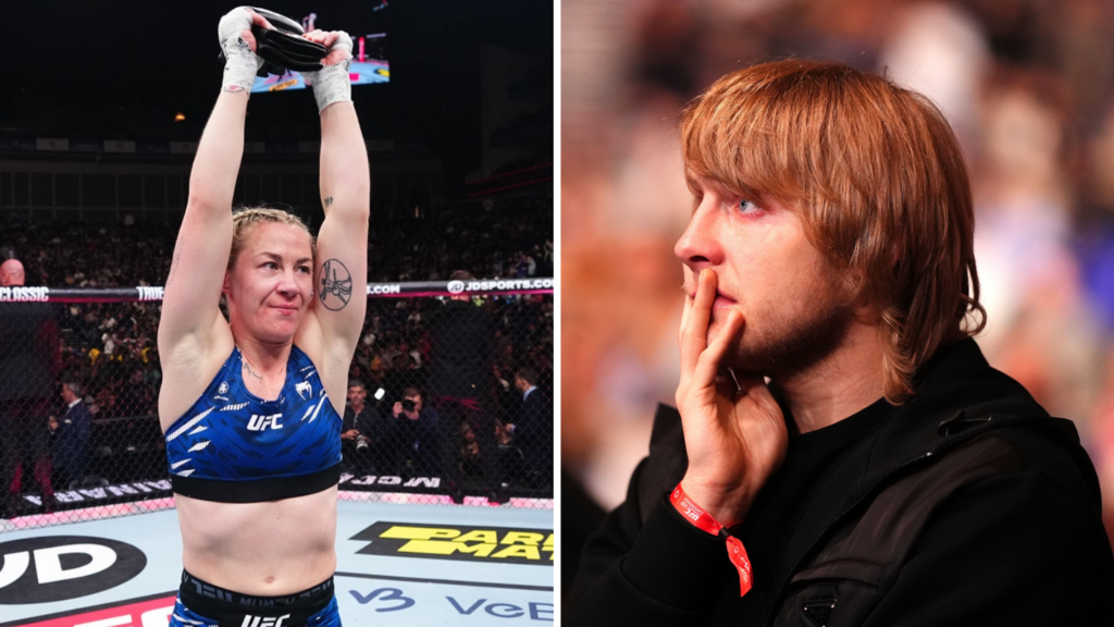 Split image of Molly McCann holding his gloves in the air while Paddy Pimblett looks on