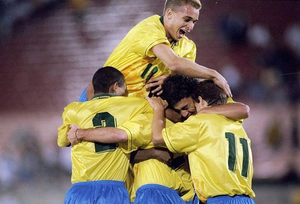 Brazil players celebrate during the 4-1 win over Canada at the 1996 Concacaf Gold Cup.