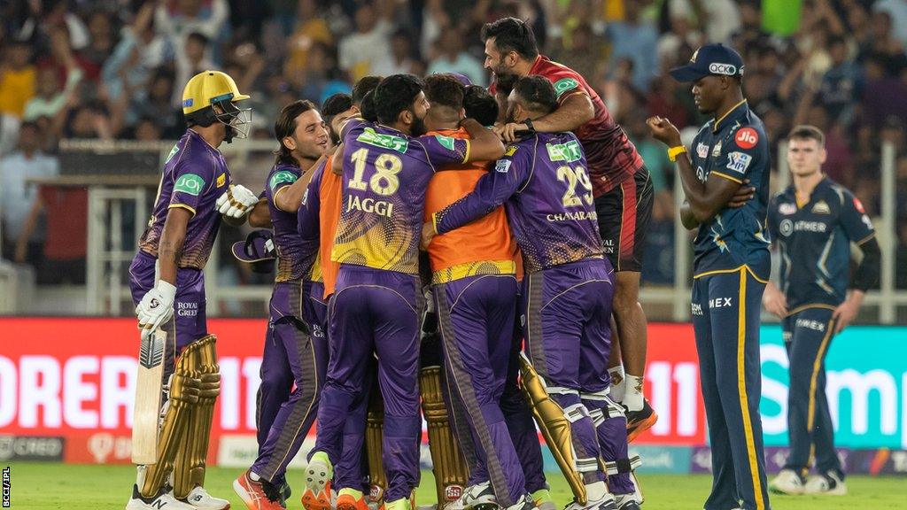 Kolkata Knight Riders players celebrate after beating Gujarat Titans