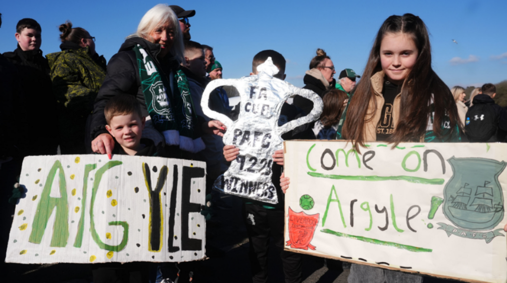 Plymouth Argyle fans before their team's FA Cup fourth round win over Liverpool on 9 February 2025