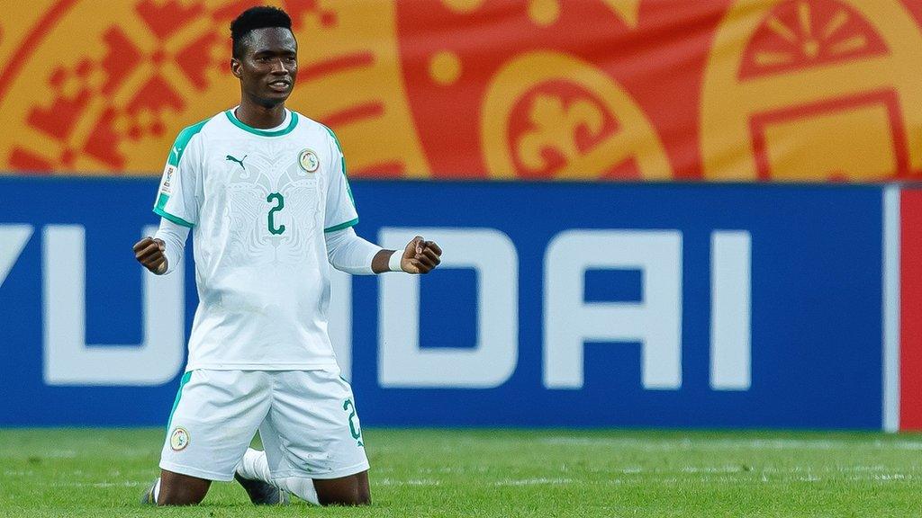 Moussa Ndiaye of Senegal celebrates after winning the 2019 FIFA U-20 World Cup group A match between Senegal and Colombia at Arena Lublin on May 26, 2019 in Lublin, Poland.