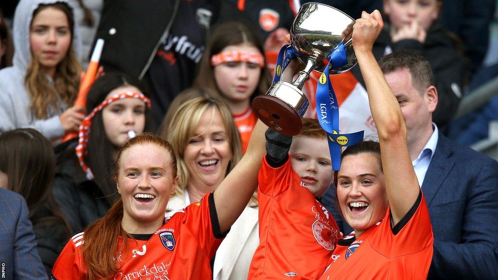 The Mackin sisters Blaithin and Aimee celebrate after Armagh's Division Two League Final win over Laois last month