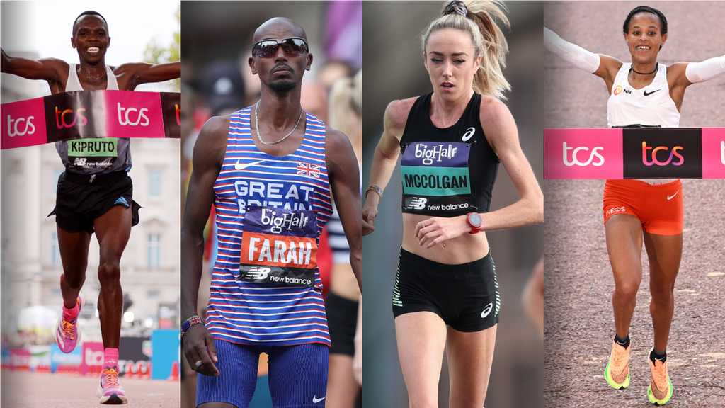 Left to right: Amos Kipruto, Mo Farah, Eilish McColgan, Yalemzerf Yehualaw