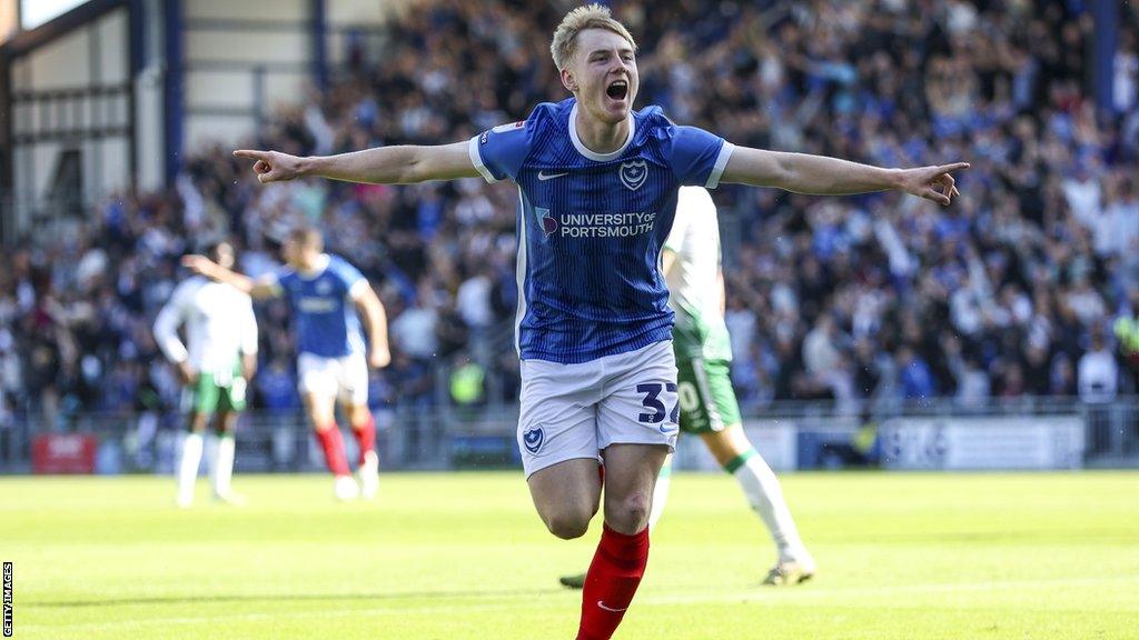 Portsmouth's Paddy Lane celebrates after he scores a goal to make it 1-1 against Lincoln City in League One.