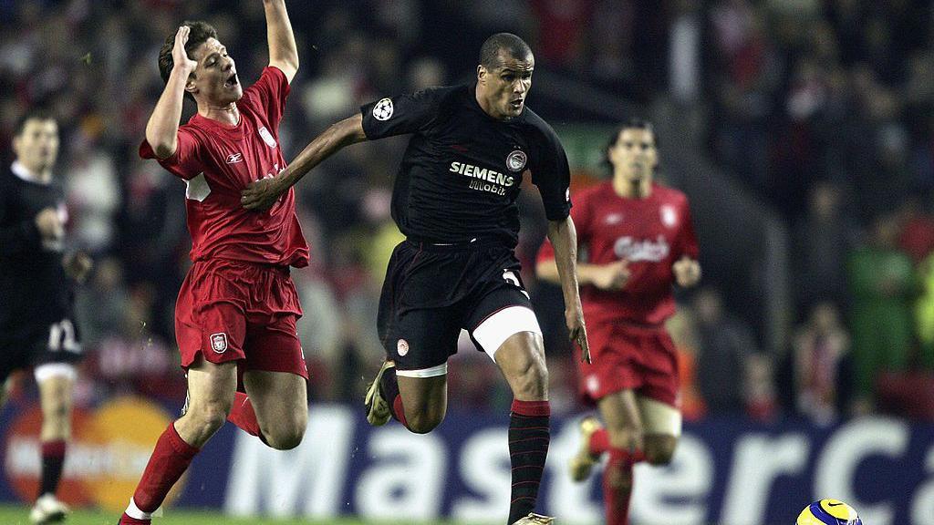 Rivaldo in action for Olympiakos against Liverpool in 2004-05
