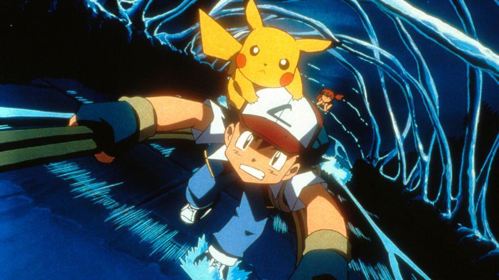 Pikachu riding on ash's shoulders