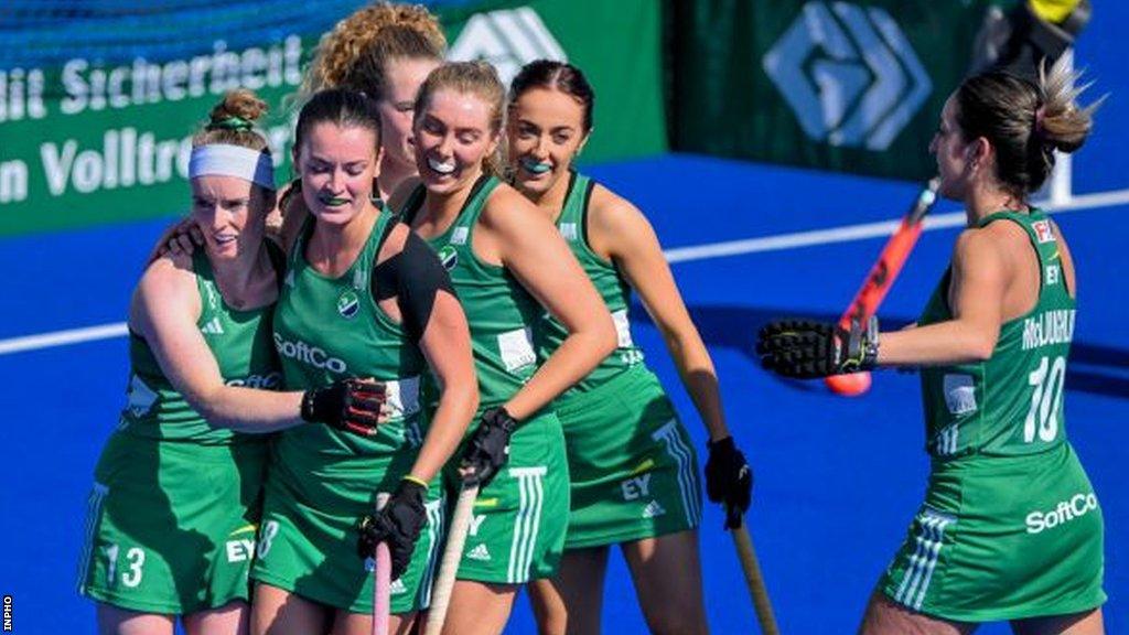 Ireland players congratulate goalscorer Naomi Carroll during the 1-1 draw with Italy