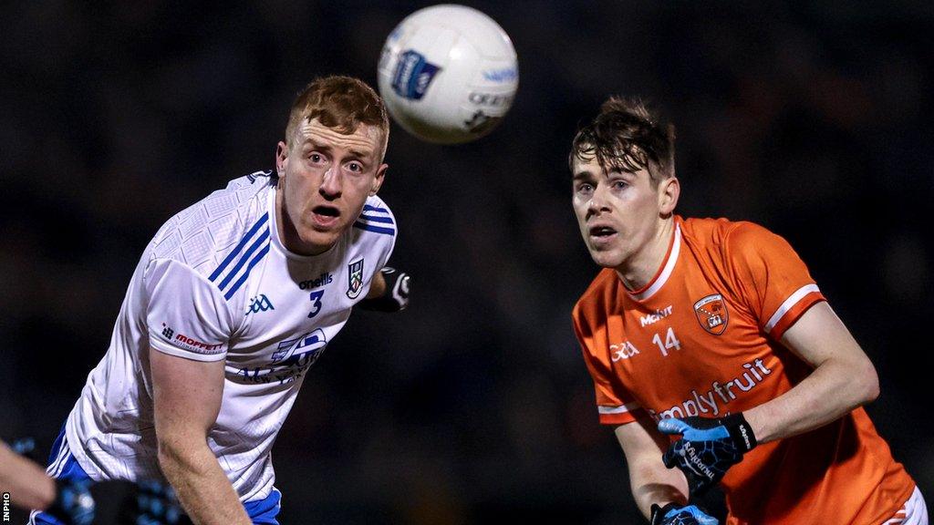 Monaghan's Kieran Duffy battles with Armagh's Andrew Murnin in the Division One League game in late January