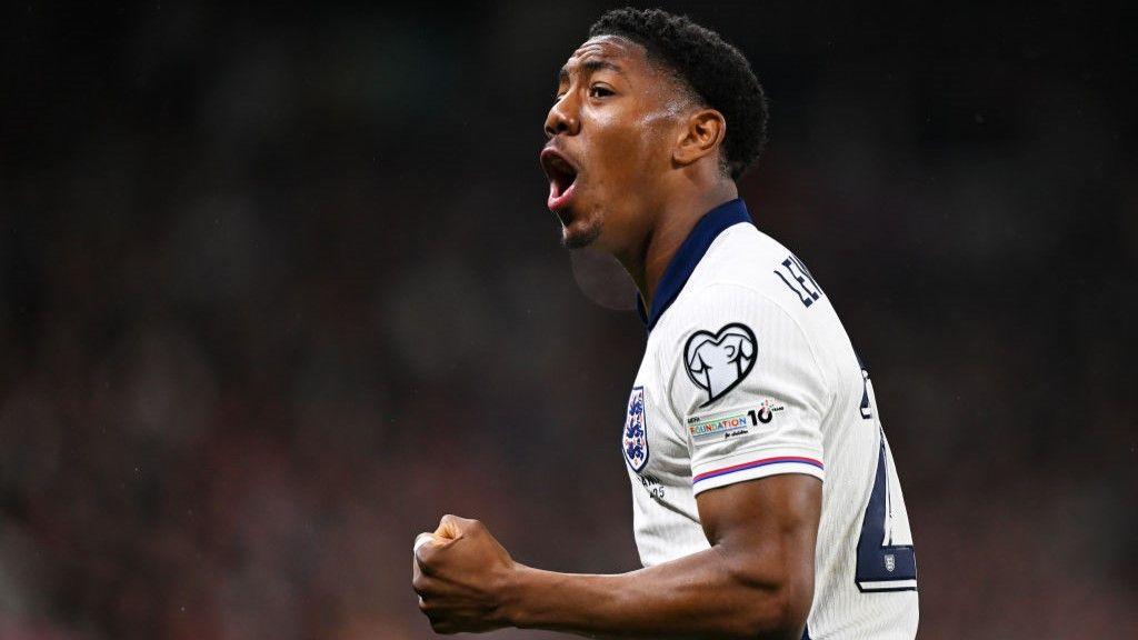 Arsenal full-back Myles Lewis-Skelly celebrates after marking his England debut with a goal