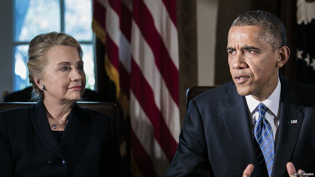 Hillary Clinton and Jeb Bush at a Cabinet meeting in November 2012.