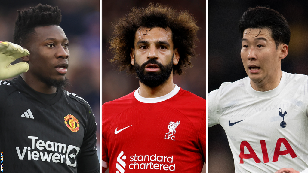 Manchester United goalkeeper Andre Onana, Liverpool forward Mohamed Salah and Tottenham forward Son Heung-min