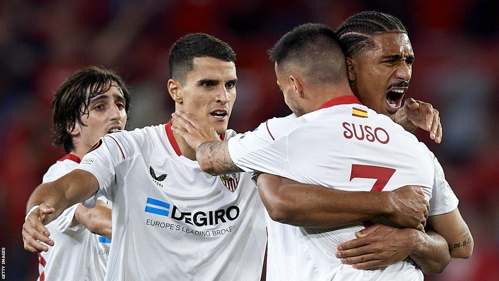 Suso Fernandez of Sevilla FC celebrates after scoring their side's first goal with his team mates during the UEFA Europa League semi-final second leg match between Sevilla FC v Juventus at Estadio Ramon Sanchez Pizjuan on May 18, 2023 in Seville, Spain