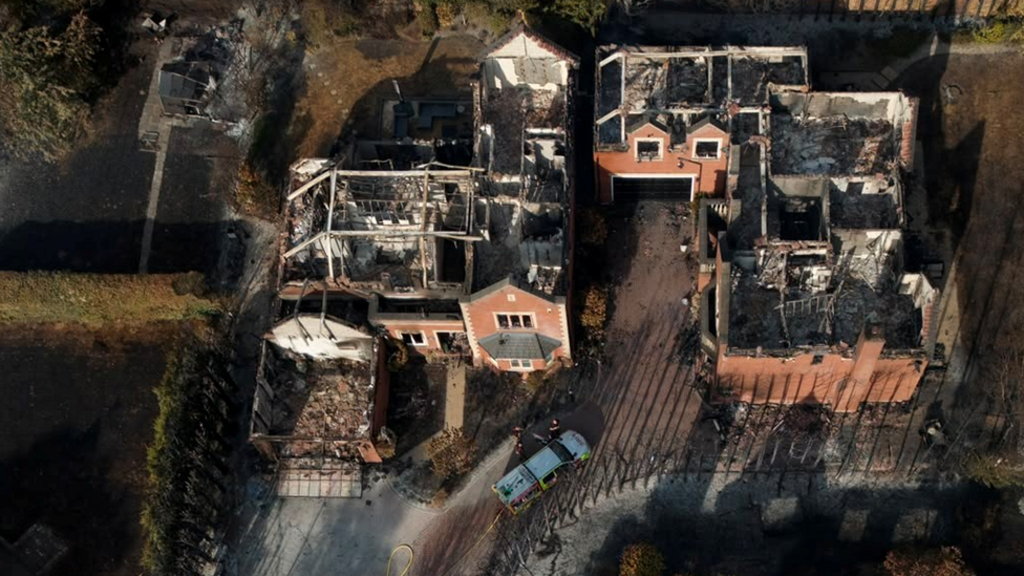 Aerial view of fire damaged homes