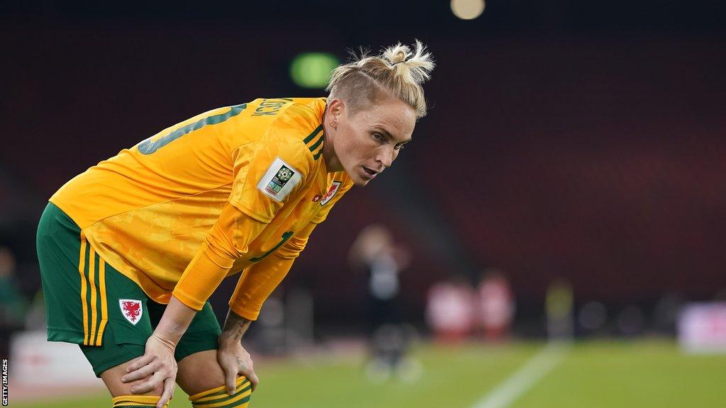 Wales forward Jess Fishlock looks dejected during a 2-1 loss to Switzerland