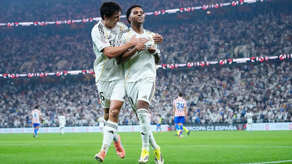 Rodrygo celebrates scoring Real Madrid's second goal against Atletico Madrid