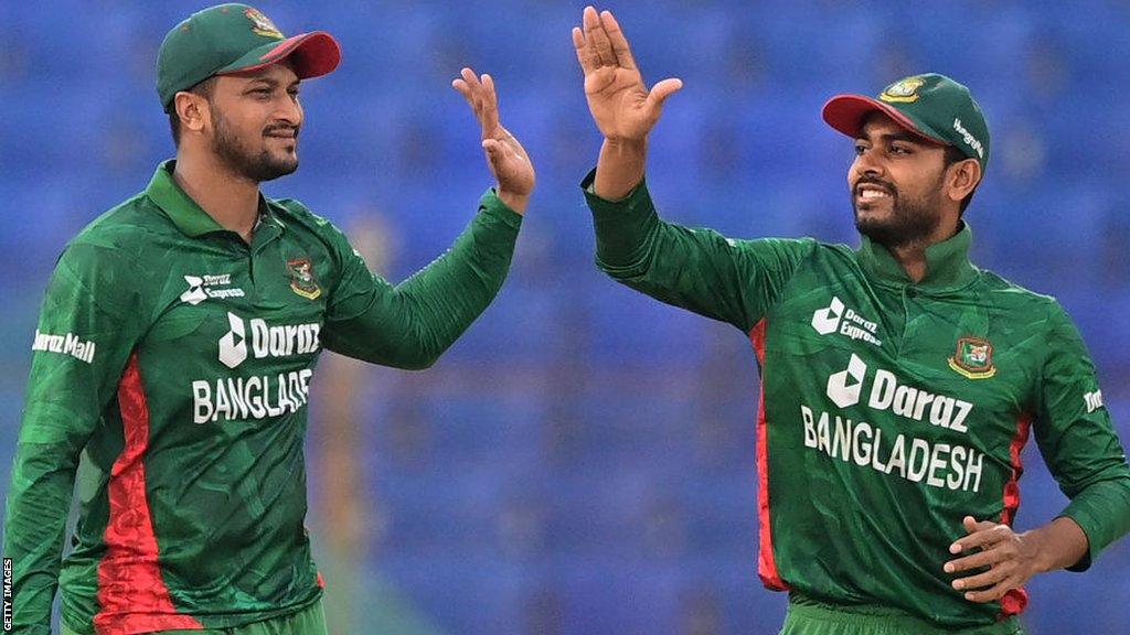 Bangladesh captain Shakib Al-Hasan (left) celebrates with Mehidy Hasan