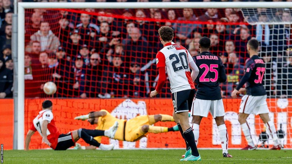 Mats Wieferr scores for Feyenoord against Roma in the Europa League quarter-finals