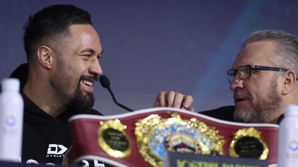 Joseph Parker laughs as he speaks to his manager Spencer Brown