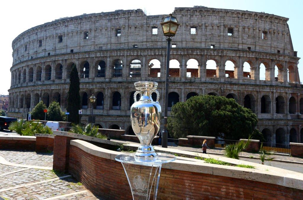 UEFA Euro 2020 Trophy in front of the Colosseum in Rome.