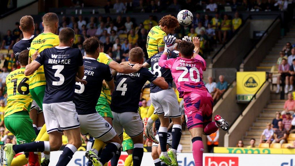 Josh Sargent heads in his second goal of the season for Norwich