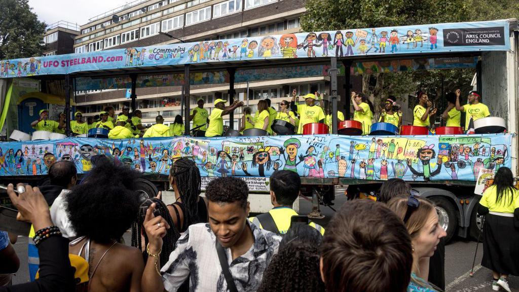 Steel band on carnival float. 