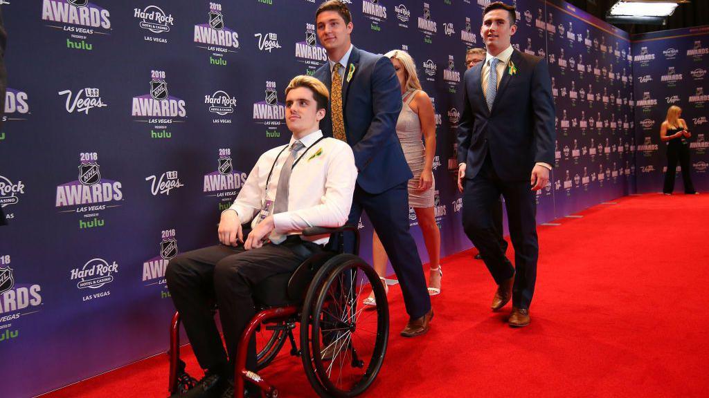  Ryan Straschnitzki (L) and his Humboldt Broncos teammates arrive at the 2018 NHL Awards presented by Hulu at the Hard Rock Hotel & Casino on June 20, 2018 in Las Vegas, Nevada