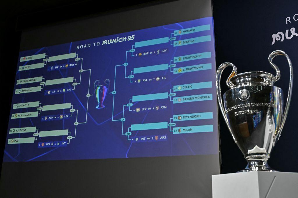 A digital display of the Champions league draw next to the trophy. 