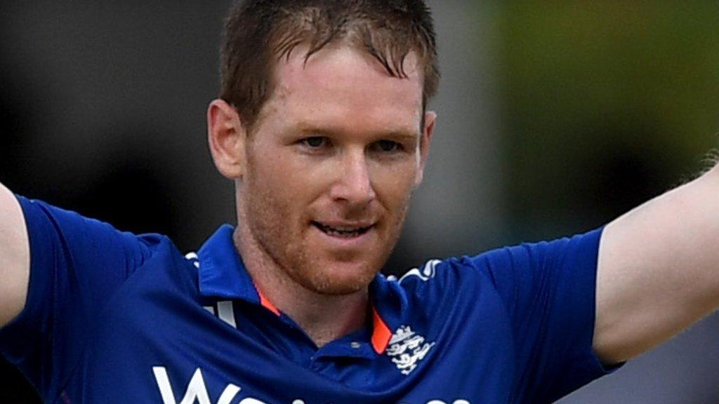 England captain Eoin Morgan celebrates his century