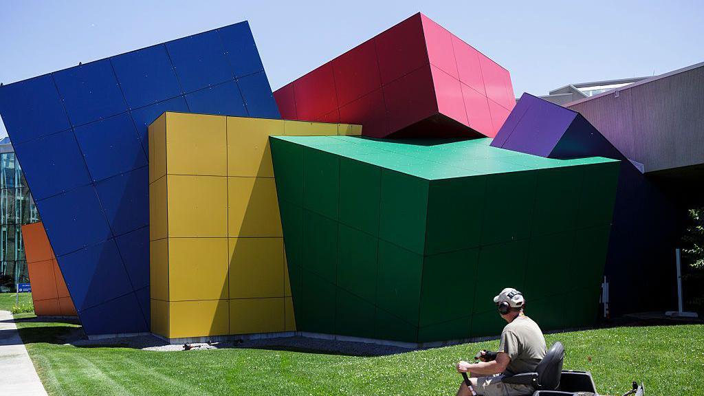 A building is made out of what looks like Rubiks cube squares