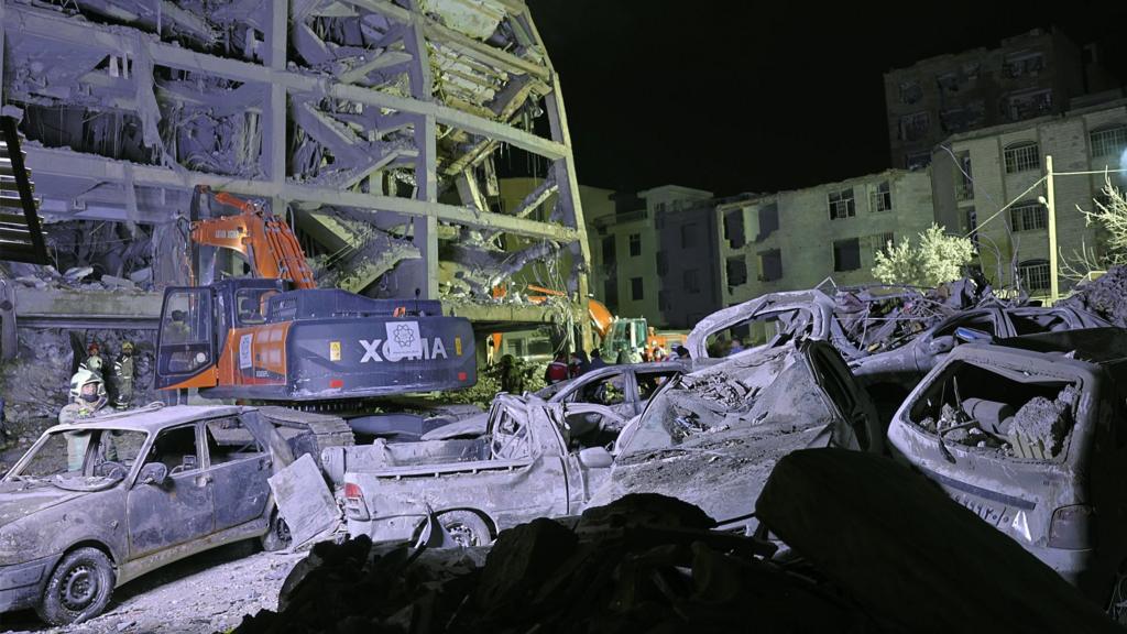 Damaged residential buildings in the Resalat area of Tehran, Iran, on 9th March 2026