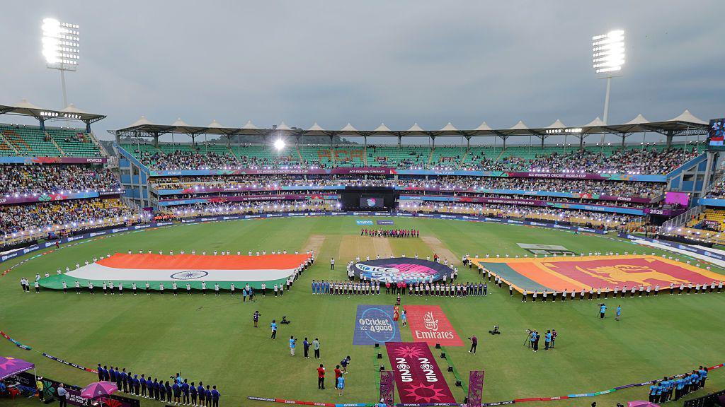 Players of Sri Lanka and India line up prior to the opening match of the 2025 ICC Women's Cricket World Cup.