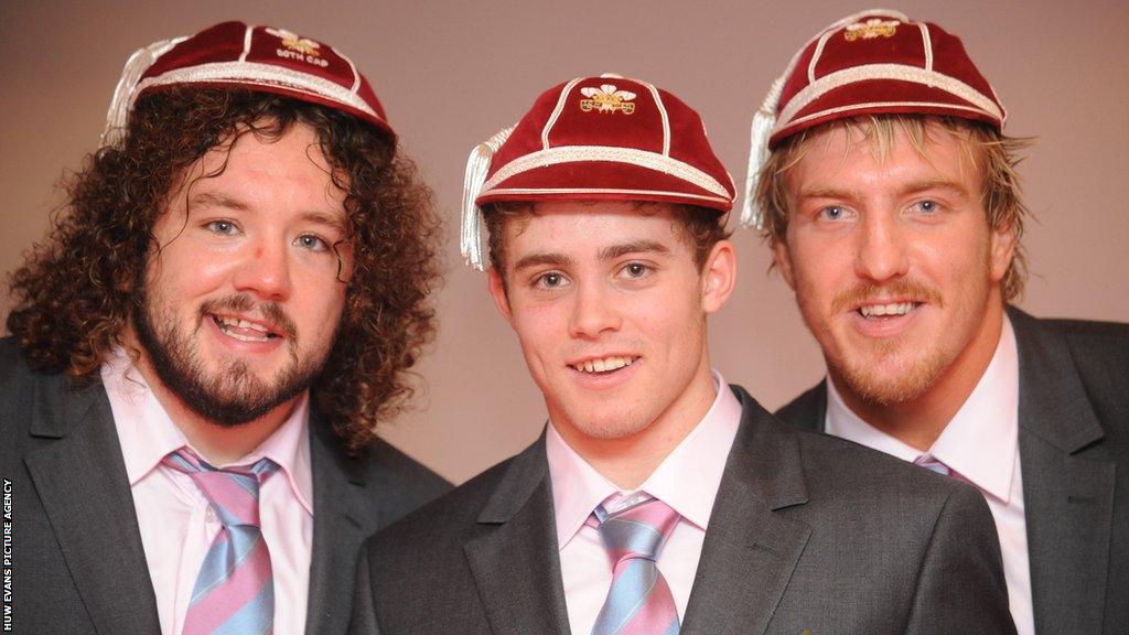 Leigh Halfpenny (C) won his first cap against South Africa in November 2008 alongside fellow new cap Andy Powell (R) in the same game Adam Jones played his 50th international