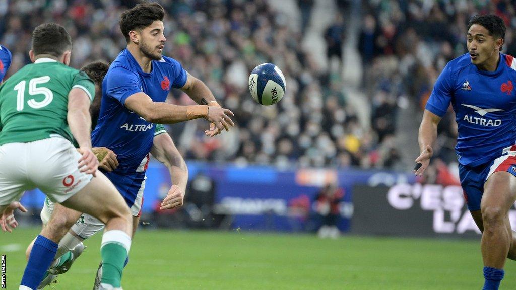 Romain Ntamack passes to France team-mate Yoram Moefana in last year's Six Nations game against Ireland in Paris