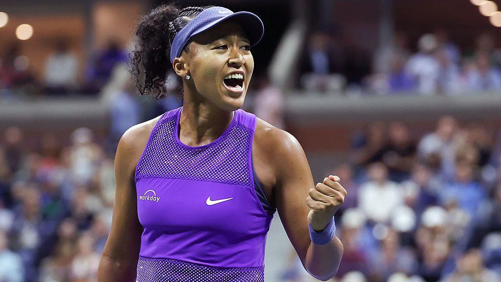 Naomi Osaka first pumps after winning a point at the US Open in 2025