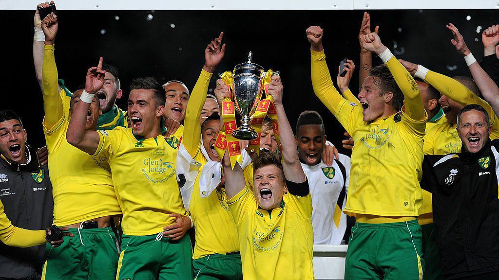 Norwich City players celebrate winning the FA Youth Cup