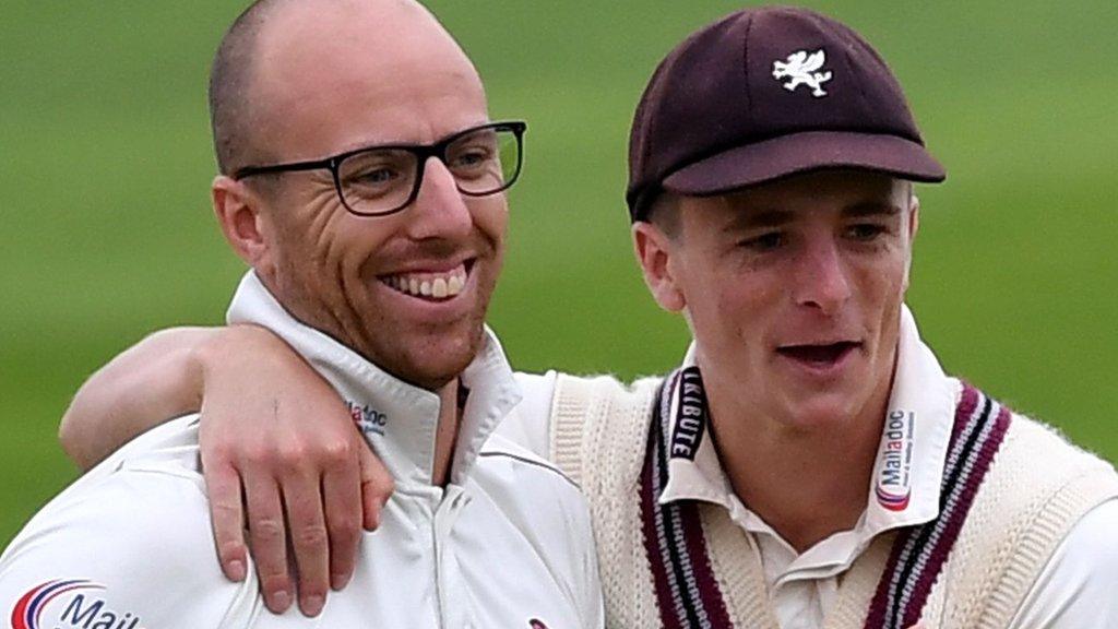 Somerset duo Jack Leach and Tom Abell celebrate a wicket