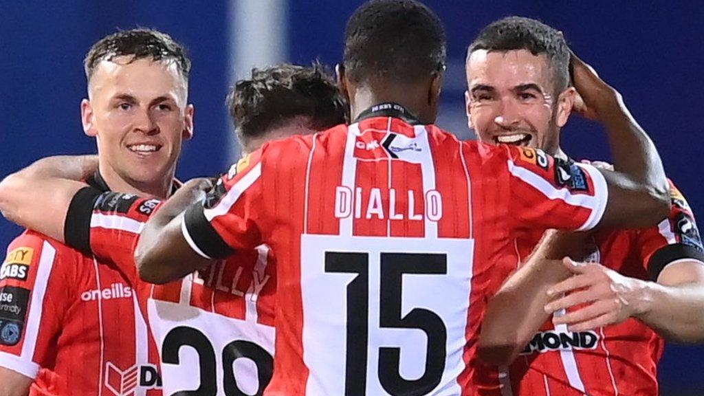 Michael Duffy celebrates scoring for Derry in Friday's night's game at the Brandywell