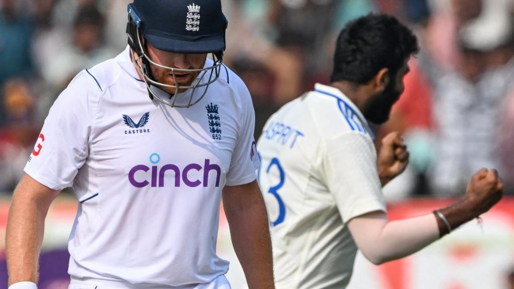 England batter Jonny Bairstow (left) walks off after being dismissed by India bowler Jasprit Bumrah (right)