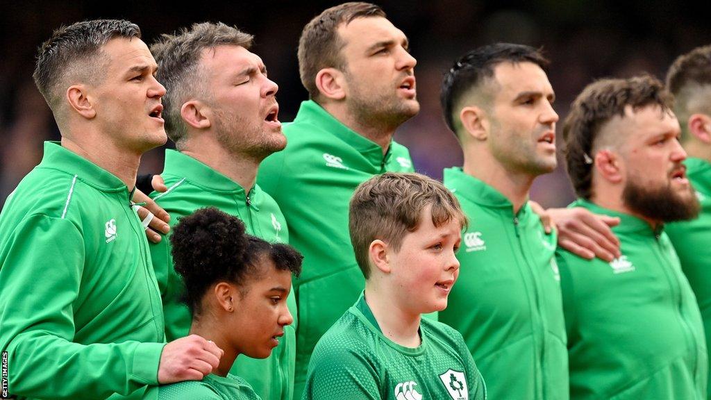 Ireland captain Johnny Sexton and his team-mates belt out Ireland's Call before the win over France