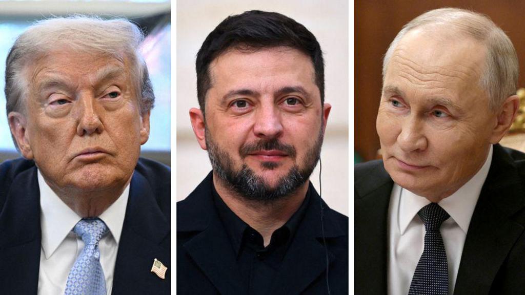 Donald Trump, Volodymr Zelensky and Vladimir Putin are seen in a composite. 