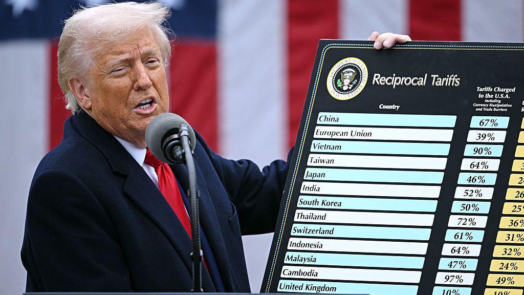 US President Donald Trump holds a chart as he delivers remarks on reciprocal tariffs during an event in the Rose Garden.